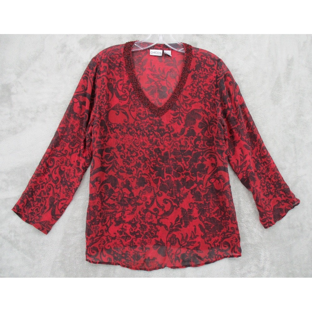 Chicos Blouse 1 US Medium Silk Beaded Neckline Sheer Vamp Whimsigoth Goth Witchy